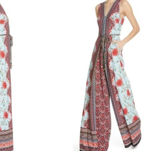 Alice + Olivia Pants - Alice +Olivia Audrie Pleat Floral Blue Jumpsuit.